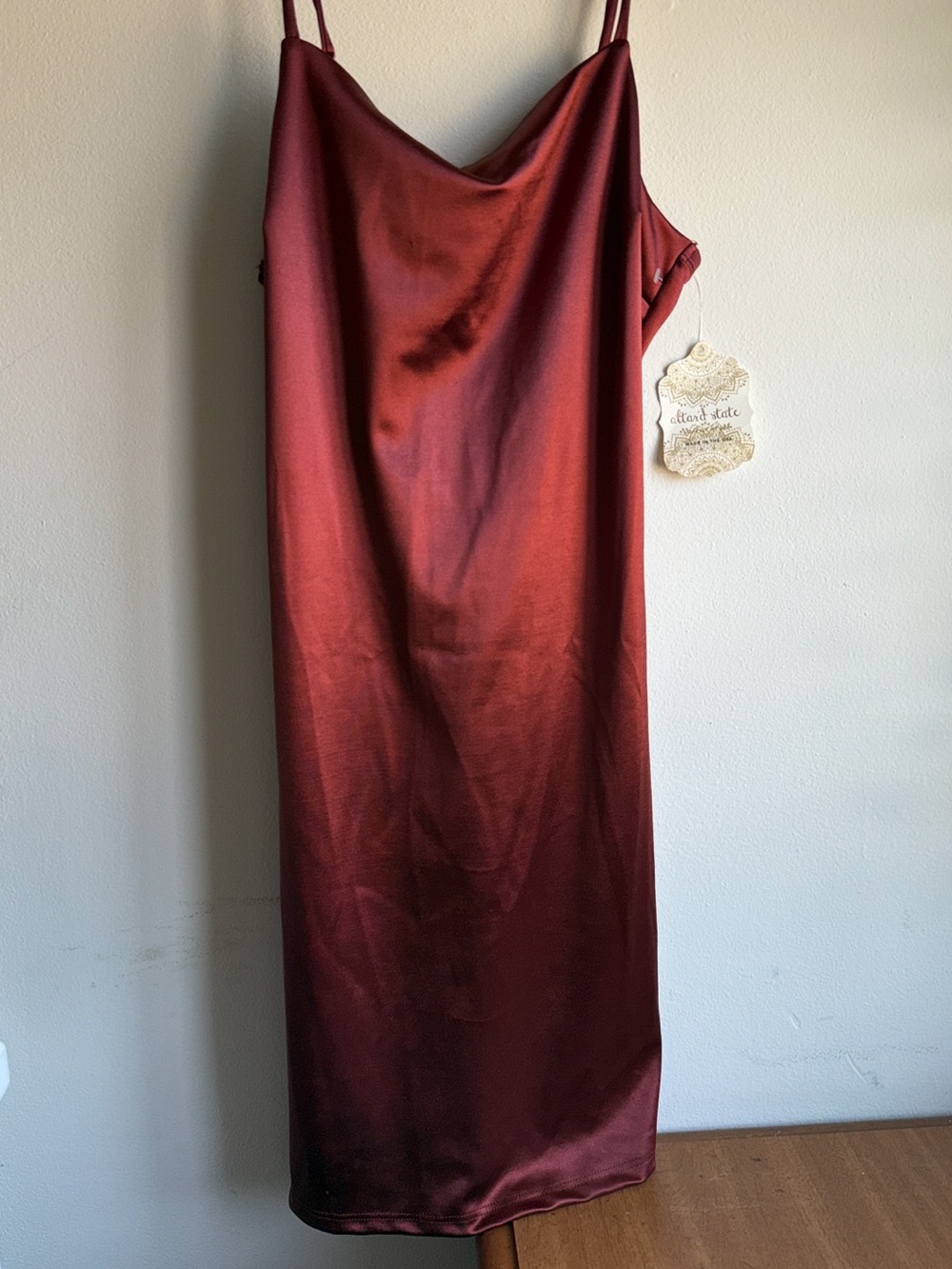 Altar'd State NWT Burnt Henna Satin Slip Midi Dress Cowl Neck Adjustable Straps